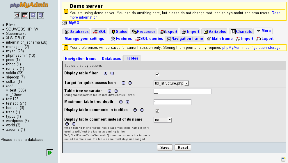 New phpMyAdmin preferences page